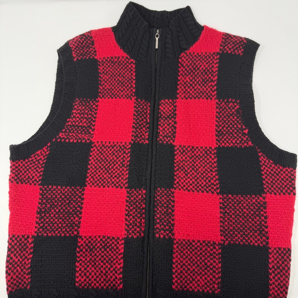 Ralph Lauren Hand Knit Lambswool Buffalo Plaid Full Zip Vest Red Black Large